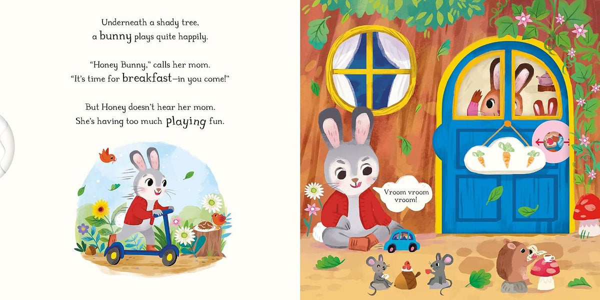 Pagină interioară din Breakfast for Little Bunnies cu Honey Bunny și versuri în engleză