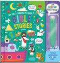 My First Learning Pen Book Bible Stories, copertă ilustrată și stilou verde cu lumină și sunet inclus.