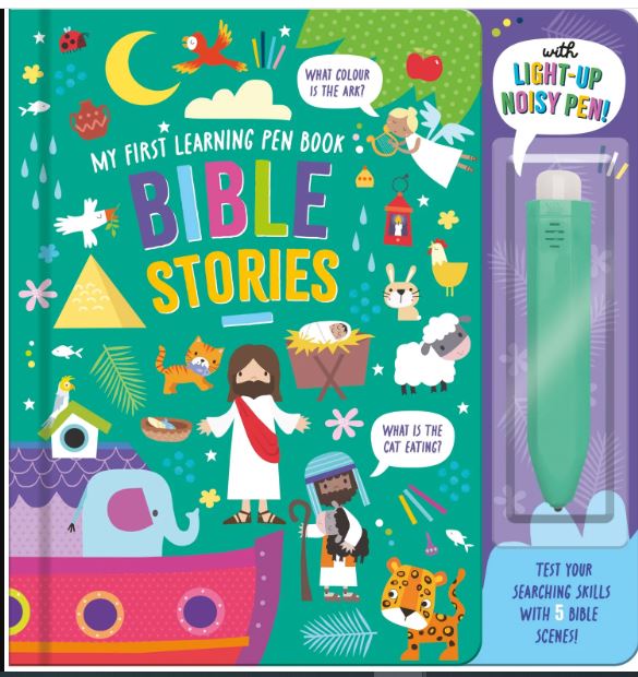 My First Learning Pen Book Bible Stories, copertă ilustrată și stilou verde cu lumină și sunet inclus.