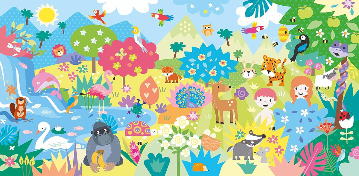 Ilustrație colorată cu Grădina Edenului și animale.