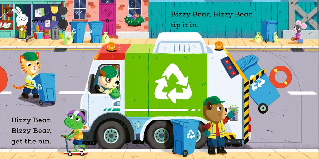 Bizzy Bear și prietenii colectează pubele cu camionul de reciclare.