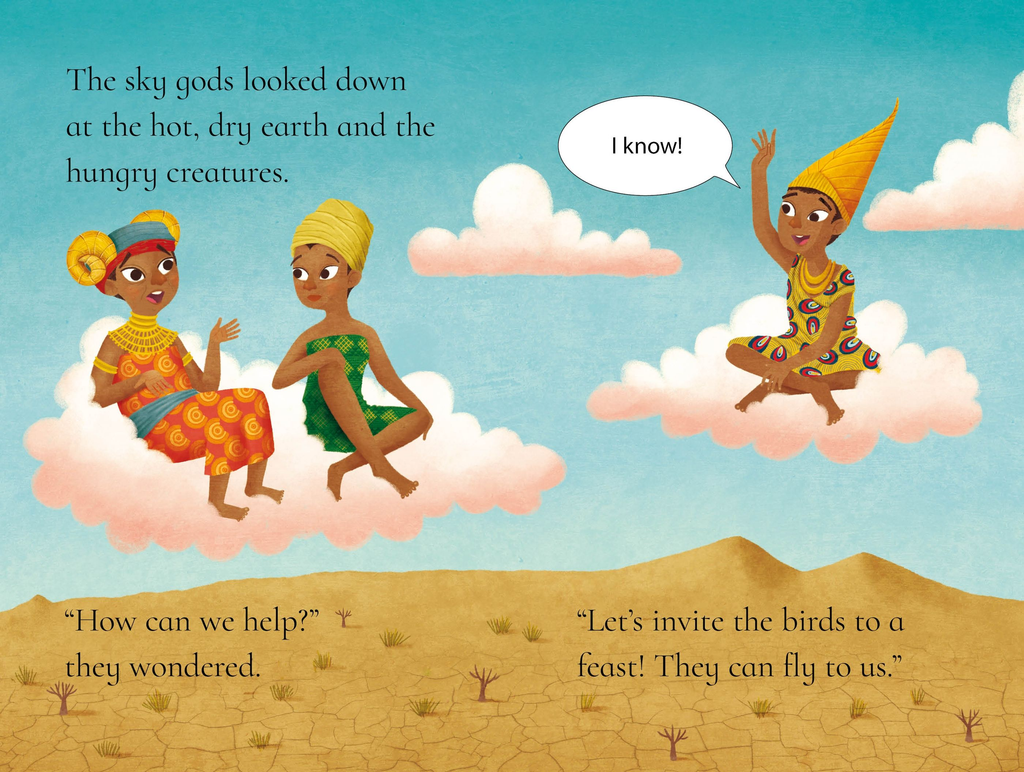 Pagini din How Tortoise Tricked the Birds, cu text în engleză și ilustrații ale zeilor cerului pe nori