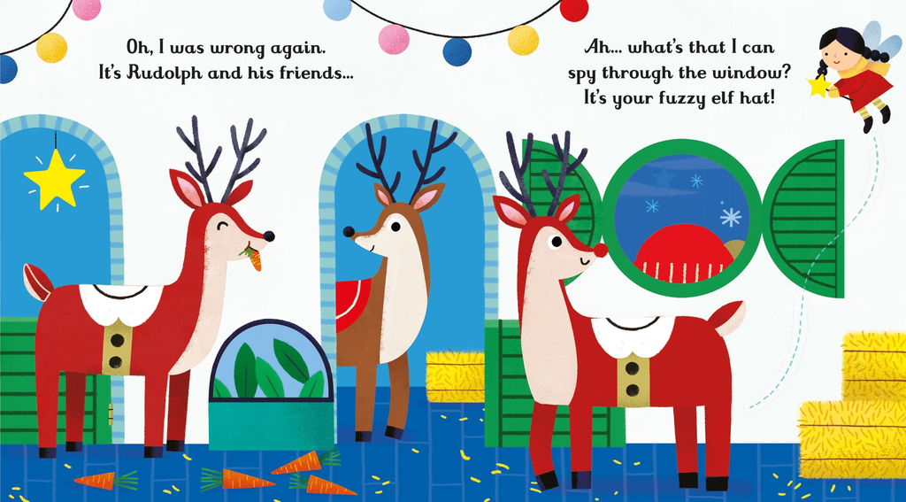 Pagini din Usborne Are you there little elf, cu trei reni și căciula elfului văzută printr-o fereastră decupată