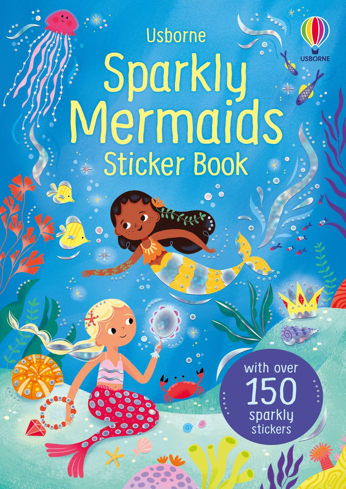 Coperta Usborne Sparkly Mermaids Sticker Book, cu sirene și viețuitoare marine