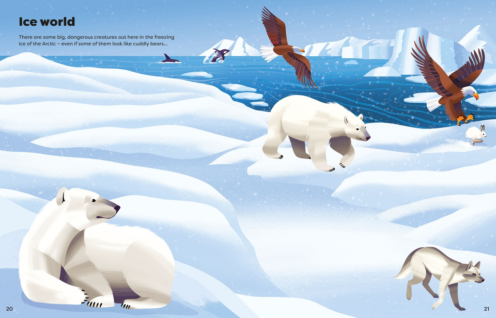 Pagini din Big Sticker Book Deadly Animals, cu urși polari și alte animale într-un peisaj arctic