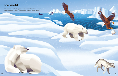 Pagini din Big Sticker Book Deadly Animals, cu urși polari și alte animale într-un peisaj arctic