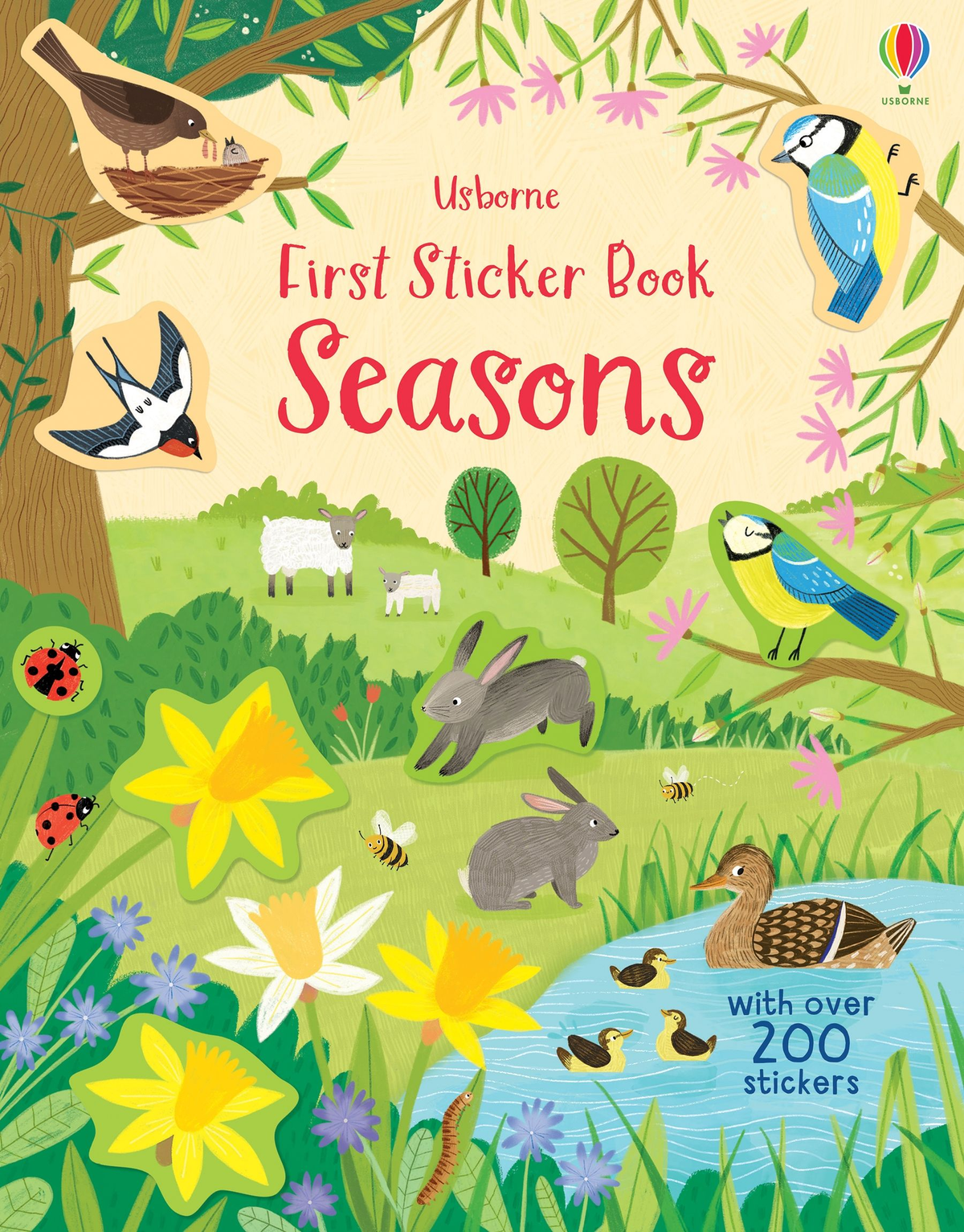 Coperta Usborne First Sticker Book Seasons, cu animale, păsări și flori de primăvară