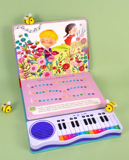 Carte cu pian deschisă, cu clape numerotate și colorate și pagini ilustrate cu flori și copii.