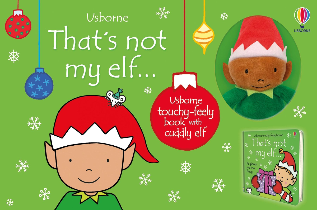 Setul Usborne That's not my elf, cu carte senzorială și elf de pluș în ambalaj verde