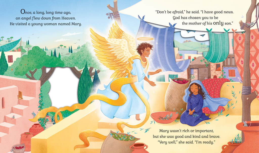 Pagini din Peep Inside the Nativity: îngerul îi aduce vestea Mariei, cu decupaj în pagină