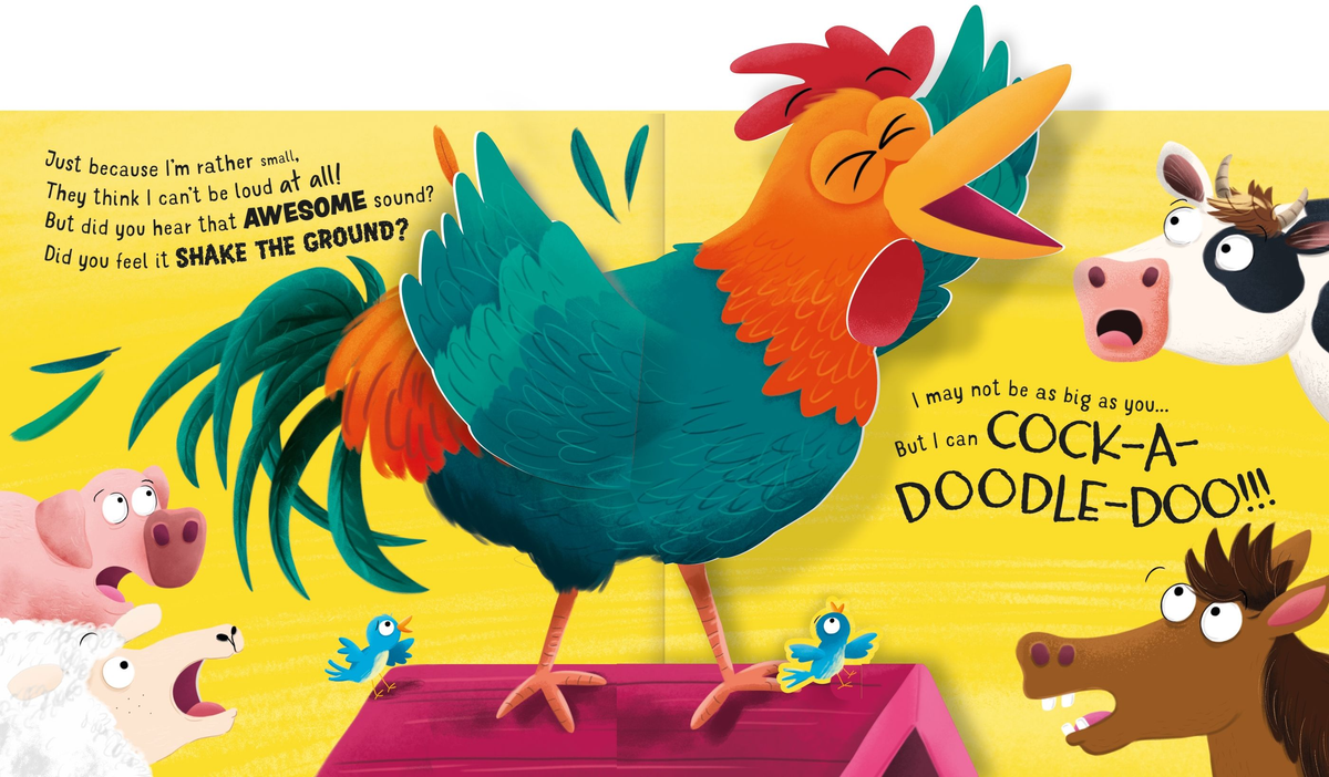 Surpriza pop-up din Usborne Who's the Loudest on the Farm, cu un cocoș mare și animalele fermei