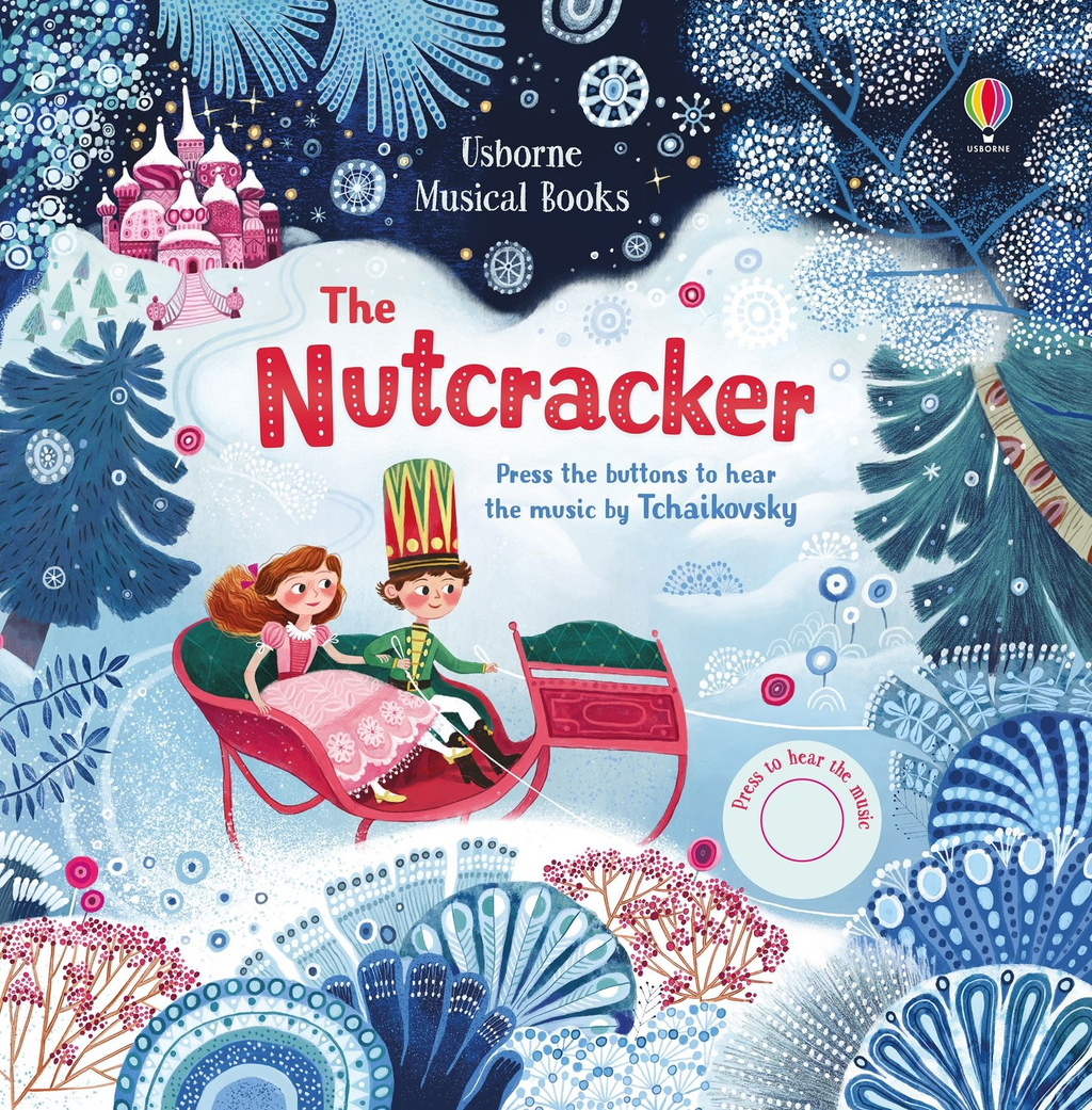 Coperta cărții muzicale Usborne The Nutcracker, cu o fetiță și Spărgătorul de Nuci într-o sanie