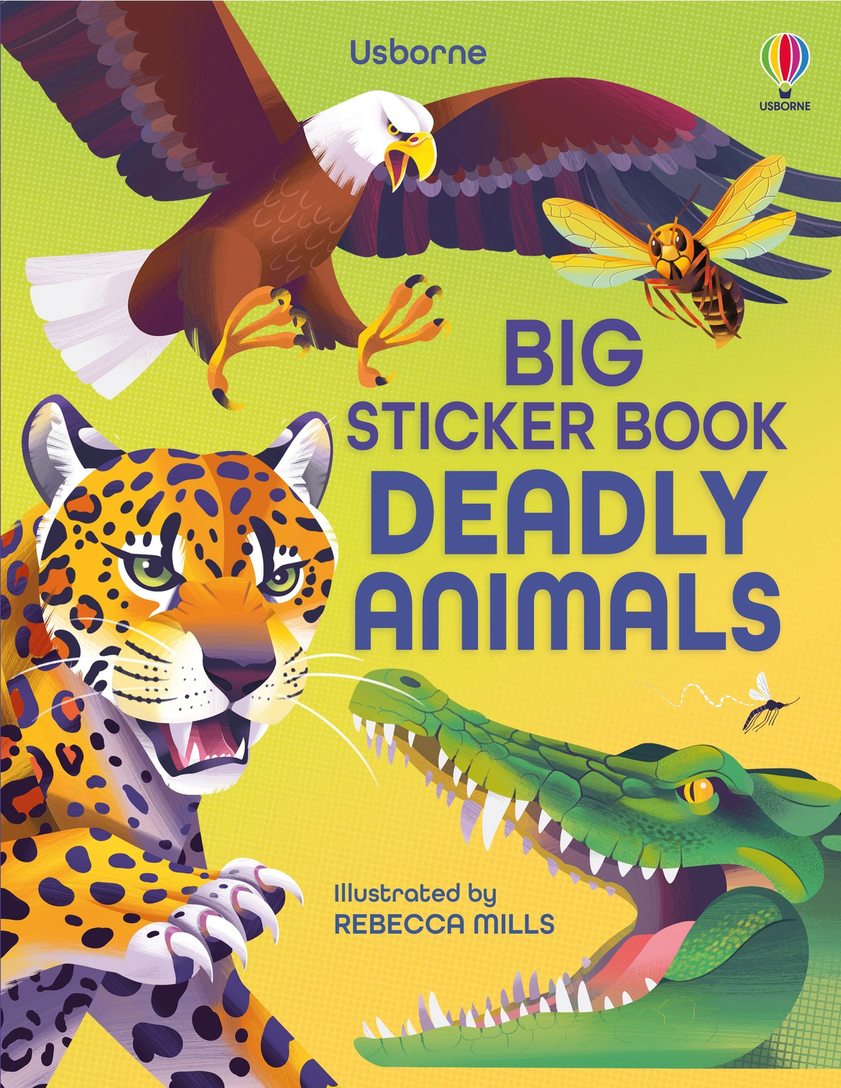 Coperta Usborne Big Sticker Book Deadly Animals, cu crocodil, felină, vultur și insecte
