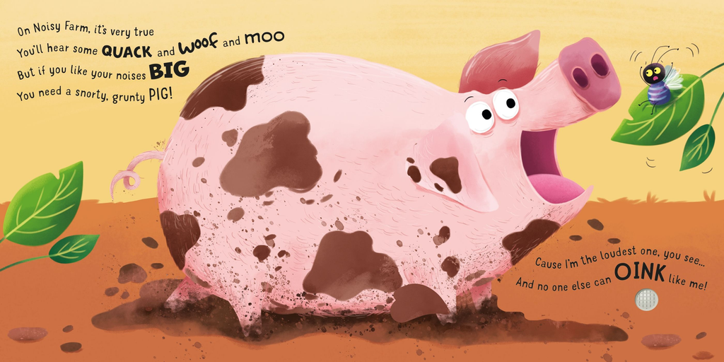 Pagini din Usborne Who's the Loudest on the Farm, cu porc roz în noroi și buton pentru sunet
