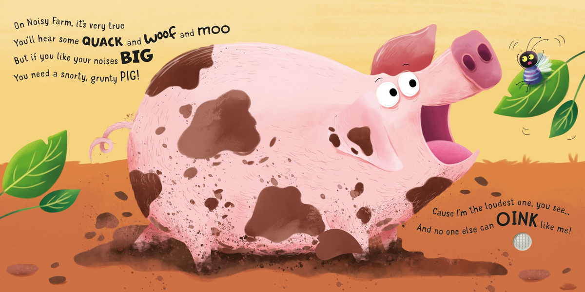 Pagini din Usborne Who's the Loudest on the Farm, cu porc roz în noroi și buton pentru sunet