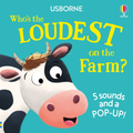 Coperta Usborne Who's the Loudest on the Farm, cu o vacă pe fundal turcoaz