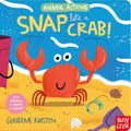 Coperta Animal Actions: Snap Like a Crab, cu un crab portocaliu și elemente mobile.